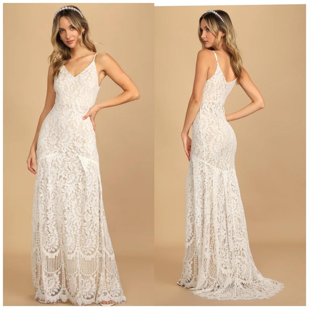 Lulus Flynn White White Lace Mermaid Maxi Dress Bridal Wedding V-Neck Size XS